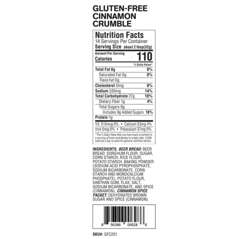 Nutrition Facts Of Gluten-Free Cinnamon Crumble Beer Bread Mix