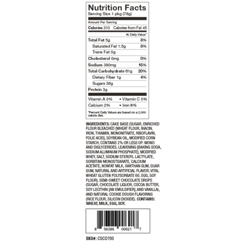 Nutrition Facts of Chocolate Chip Cookie Dough Microwave Single Serve Mug Cake